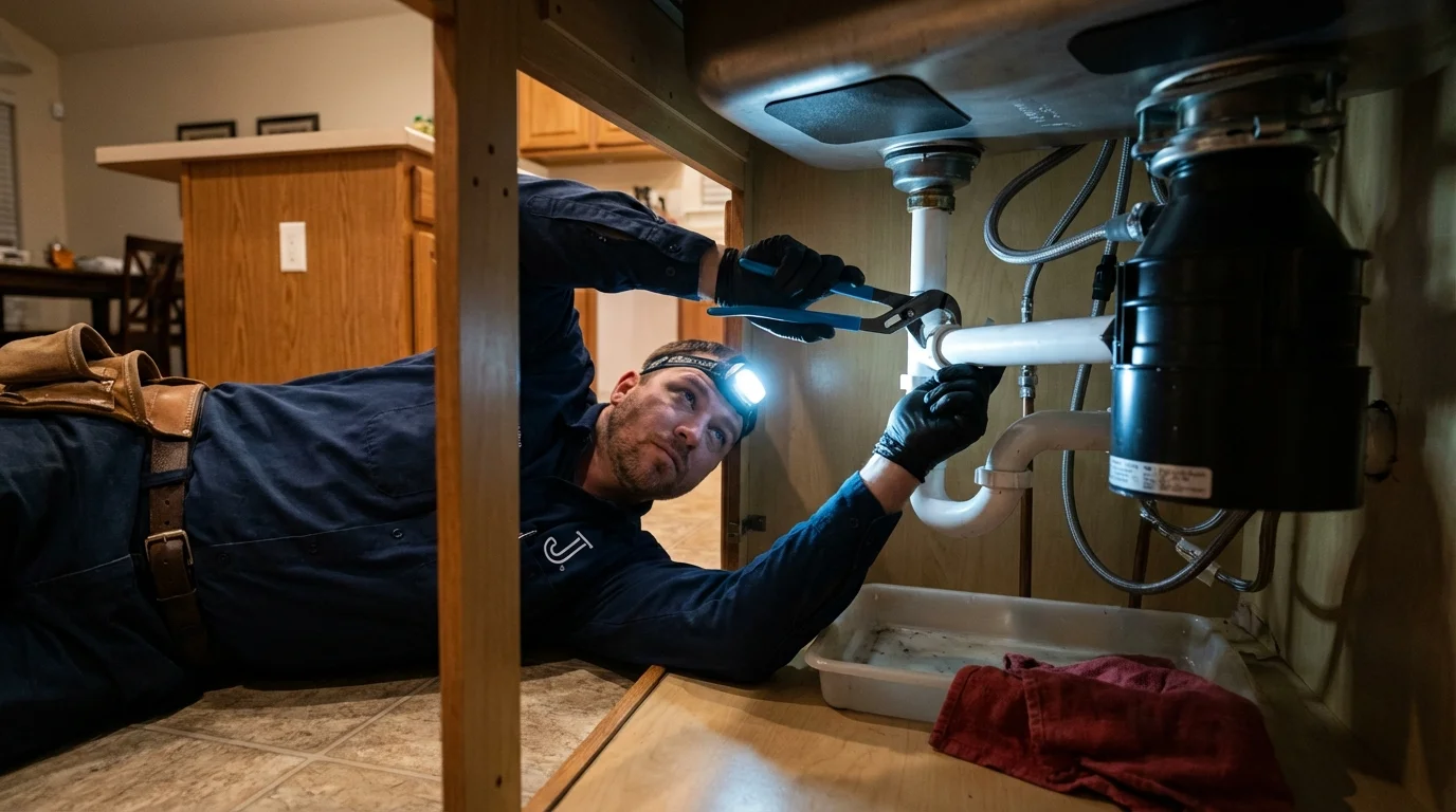 P-trap and supply line connections under a kitchen sink showing a common leak point in Paradise Valley, AZ